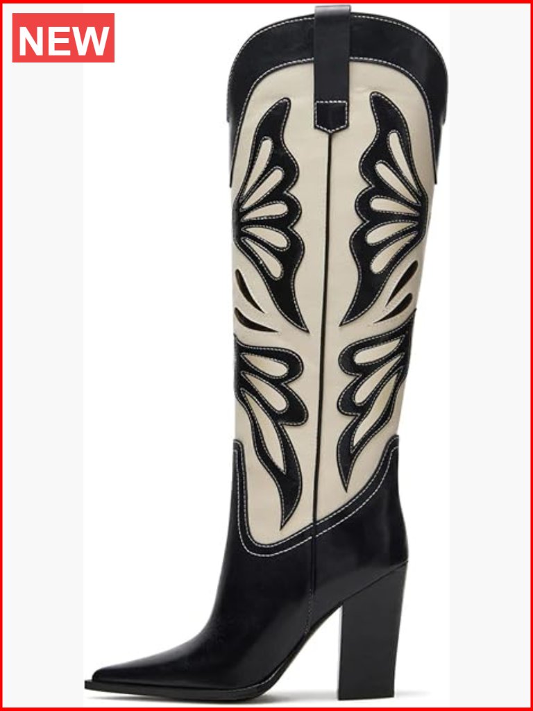 Pointed Toe Chunky Heel Cowgirl Boots With Butterfly Embroidery Wide Calf Knee